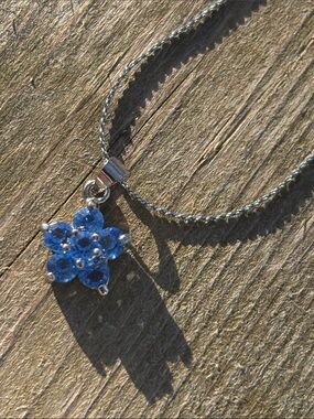 Blue Crystal Flower Pendant Necklace Sterling Silver